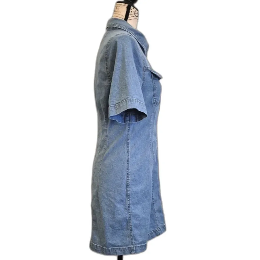 Madewell Denim Mini Dress S Snap Front Hemp Blend Short Sleeve Light Wash Casual - Picture 3 of 11
